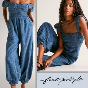 Free People Speakeasy Jumpsuit Women's Blue Mirage Textured Size XL Slouchy Fit